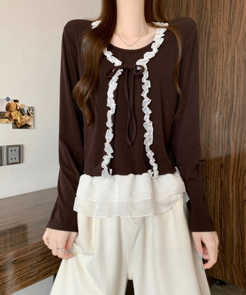 AMAJI(アマジ)の「フリル切替 リボン ショート丈 フェイクレイヤード長袖Tシャツ(Tシャツ/カットソー・レディース・ライトブルー/ブラウン/イエロー/ライトピンク・FREE)」の7枚目の写真