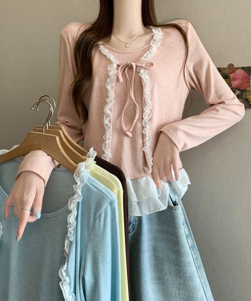 AMAJI(アマジ)の「フリル切替 リボン ショート丈 フェイクレイヤード長袖Tシャツ(Tシャツ/カットソー・レディース・ライトブルー/ブラウン/イエロー/ライトピンク・FREE)」の6枚目の写真