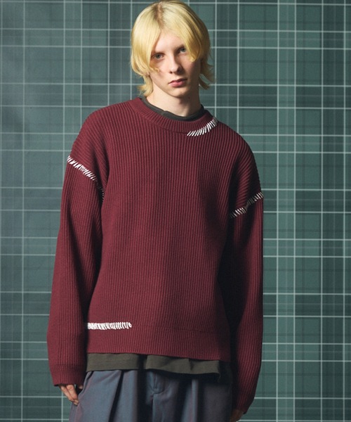 MAISON SPECIAL（メゾンスペシャル）の「《UNISEX》ハンドステッチプライムオーバークルーネックニットトップス/Hand Stitch Prime-Over Crewneck Sweater【MAISON SPECIAL/メゾンスペシャル】（ニット/セーター・メンズ・バーガンディー/ブラック/ライトグリーン/グレイッシュベージュ・0/1/2）」の4枚目の写真