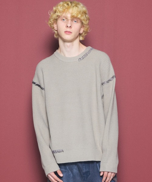 MAISON SPECIAL（メゾンスペシャル）の「《UNISEX》ハンドステッチプライムオーバークルーネックニットトップス/Hand Stitch Prime-Over Crewneck Sweater【MAISON SPECIAL/メゾンスペシャル】（ニット/セーター・メンズ・バーガンディー/ブラック/ライトグリーン/グレイッシュベージュ・0/1/2）」の2枚目の写真