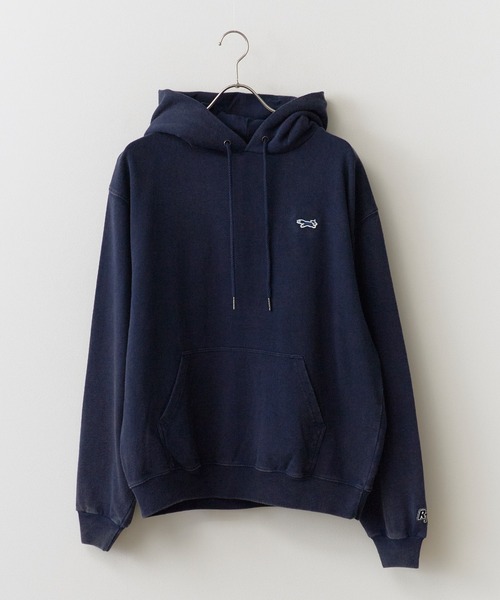 8.8oz仿舊加工刺繡Logo連帽大學T