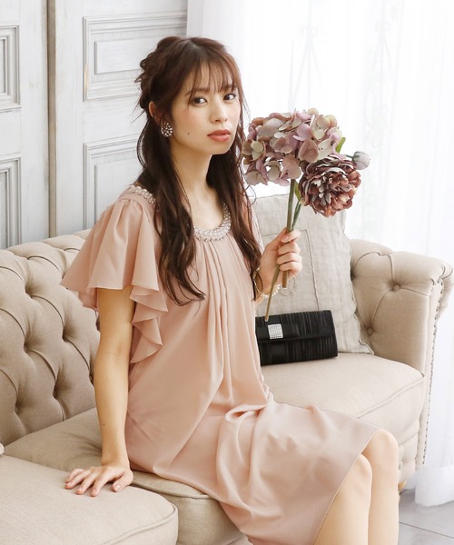 【送料込】ドレス ワンピース Aライン パーティー 結婚式 ミニ丈 セール】結婚式ワンピースドレスAラインミニ丈&袖あり大きい