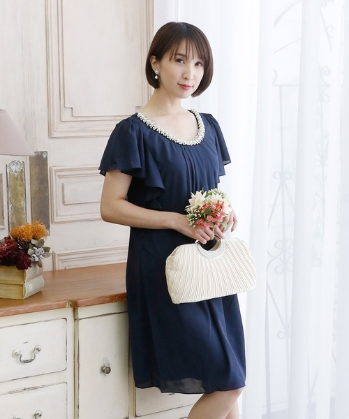 PourVous(プールヴー)の「結婚式 ワンピースドレス ミニ丈 と 袖あり Aライン 大きいサイズ フォーマル オケージョンドレス お呼ばれ 二次会 成人式 (ドレス・レディース・ベージュ/ネイビー・XL/L/M/XXL/4L)」の5枚目の写真