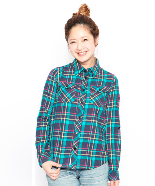 X-girl（エックスガール）の「NUBBY PLAID SHIRT（シャツ/ブラウス・レディース・ネイビー/ピンク/レッド・1/2）」の2枚目の写真