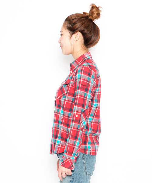 X-girl（エックスガール）の「NUBBY PLAID SHIRT（シャツ/ブラウス・レディース・ネイビー/ピンク/レッド・1/2）」の5枚目の写真