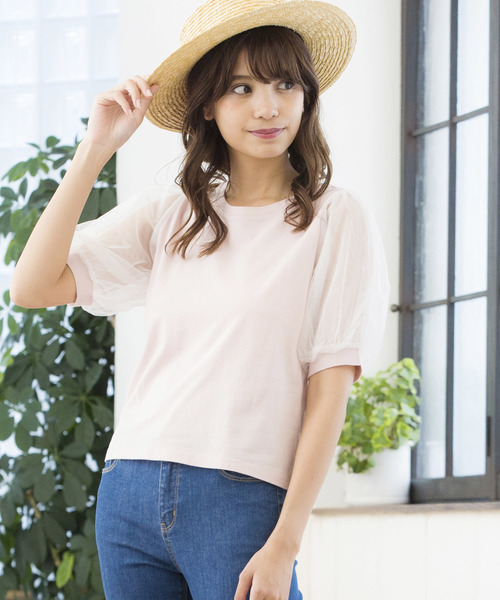 WEGO（ウィゴー）の「WEGO/チュールスリーブTシャツ（Tシャツ/カットソー・レディース・ホワイト/ブラック/ライトイエロー/ピンク/サックスブルー/ライトピンク・FREE）」の6枚目の写真