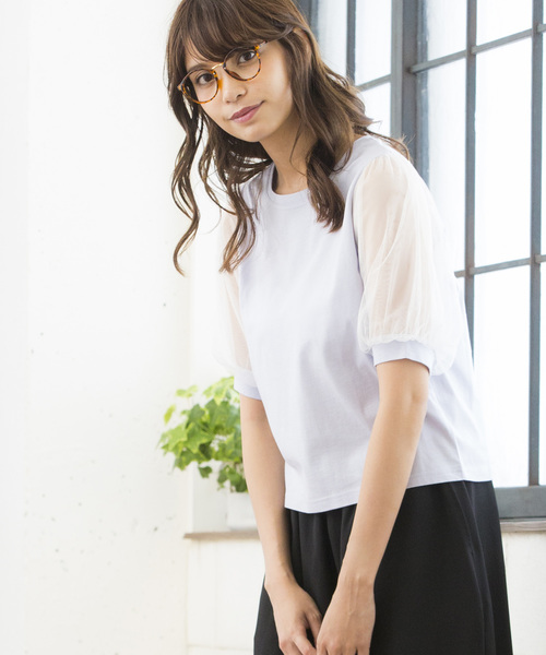 WEGO（ウィゴー）の「WEGO/チュールスリーブTシャツ（Tシャツ/カットソー・レディース・ホワイト/ブラック/ライトイエロー/ピンク/サックスブルー/ライトピンク・FREE）」の4枚目の写真