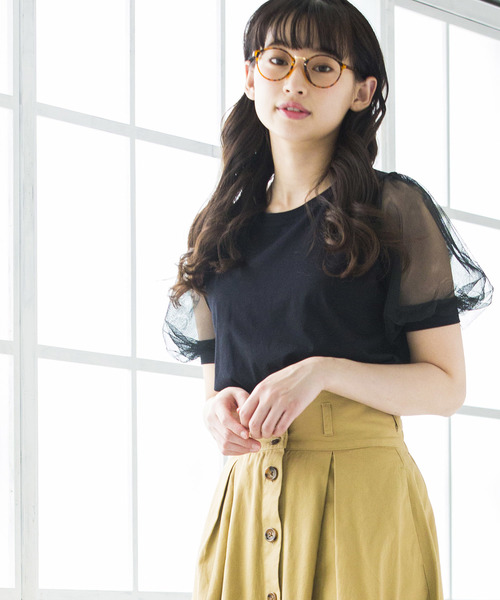 WEGO（ウィゴー）の「WEGO/チュールスリーブTシャツ（Tシャツ/カットソー・レディース・ホワイト/ブラック/ライトイエロー/ピンク/サックスブルー/ライトピンク・FREE）」の3枚目の写真