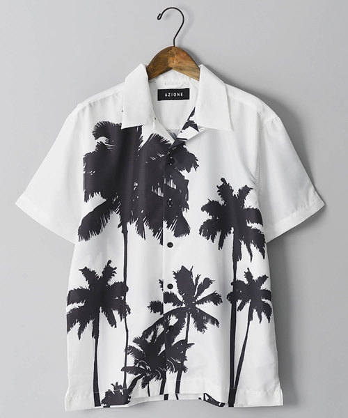 AZIONE(アジオネ)の「AZIONE/アジオネ/ヤシの木柄シャツ(シャツ/ブラウス・メンズ・ホワイト/ブラック・MEDIUM/LARGE)」の1枚目の写真
