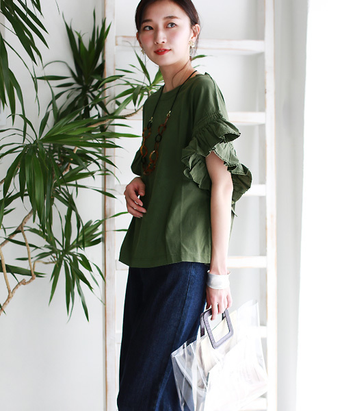 REAL CUBE（リアルキューブ）の「Hunch フリルギャザースリーブトップス（Tシャツ/カットソー・レディース・オフホワイト/カーキ/ネイビー/レッド・M）」の8枚目の写真