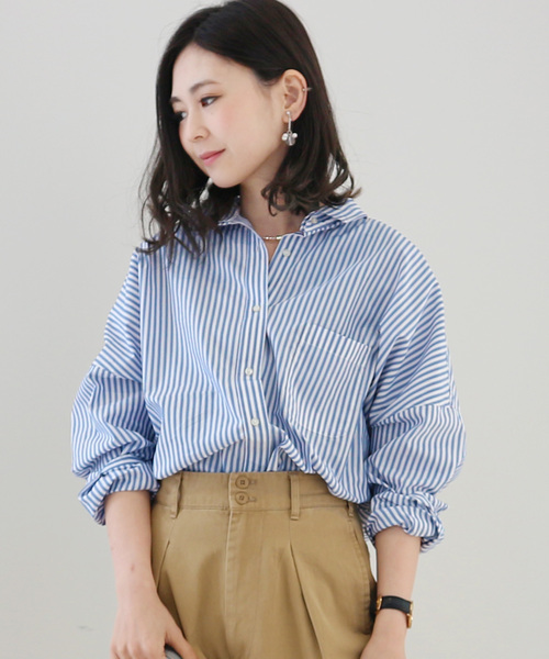 AMERICAN HOLIC（アメリカンホリック）の「2WAY衿取り外しドルマンビッグシャツ（シャツ/ブラウス・レディース・ネイビー/オフホワイト/サックスブルー/ピンク/その他5/ストライプ/チェック/ブルー系その他4/ブルー系その他5・M/L）」の4枚目の写真