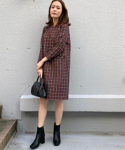 【CHICLINE 】AUNJANUE TWEED DRESS/ツイードワンピース デザインボタン配色ツイードシャツワンピース(505763858