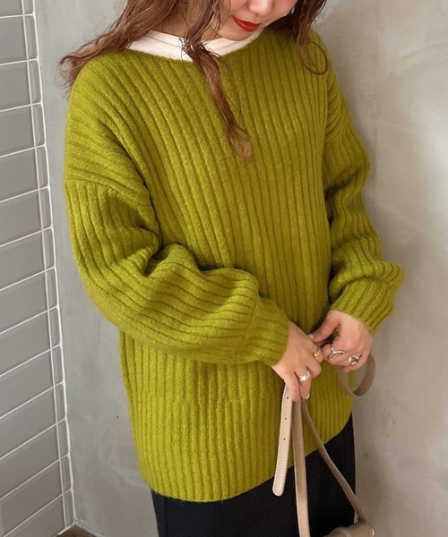 archives(アルシーヴ)の「ワイドリブ後ろレースアップニットプルオーバー(ニット/セーター・レディース・オフホワイト/グリーン/パープル/ピンクベージュ・MEDIUM)」の9枚目の写真