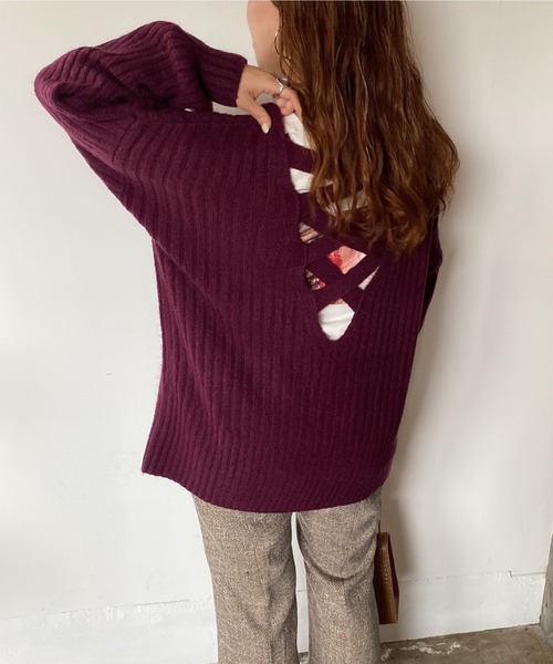 archives(アルシーヴ)の「ワイドリブ後ろレースアップニットプルオーバー(ニット/セーター・レディース・オフホワイト/グリーン/パープル/ピンクベージュ・MEDIUM)」の14枚目の写真