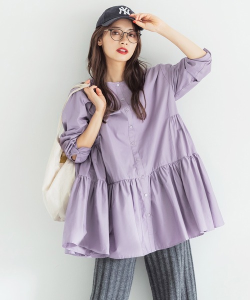 coca(coca)(コカ)の「\\新色登場//ギャザーフレアチュニックノーカラーシャツ(シャツ/ブラウス・レディース・ホワイト/チャコールグレー/ラベンダー/ブラウン・ONE SIZE/L/M)」の4枚目の写真