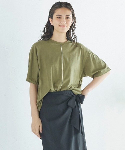 LIPSTAR(リップスター)の「配色パイピングゆるTシャツ(Tシャツ/カットソー・レディース・オフホワイト/カーキ/ブラック・M)」の3枚目の写真