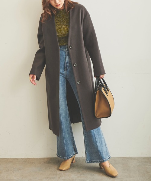 FREE'S MART（フリーズマート）の「【インフルエンサー森下愛里沙さんレコメンド / Sシリーズ対応】◆ジャージメルトンノーカラーコート（ノーカラーコート・レディース・チャコールグレー/オフホワイト/ライトグリーン/モカ・SMALL/MEDIUM）」の3枚目の写真