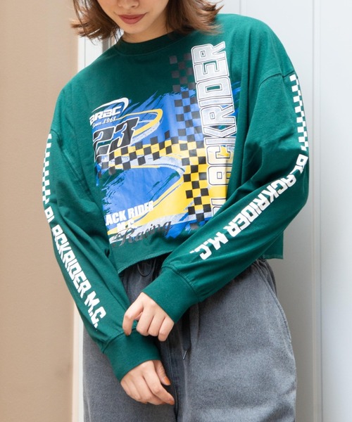 WEGO(ウィゴー)の「WEGO/スリーブプリントショートロンT(Tシャツ/カットソー・レディース・グリーン/ブラック・FREE)」の1枚目の写真