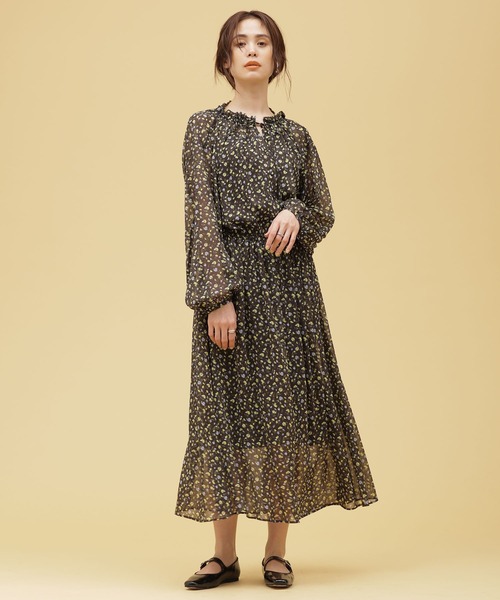 美品 ナノユニバース パフスリーブ サックワンピース 花柄 フレアワンピース サークル フラワー プリント ワンピース