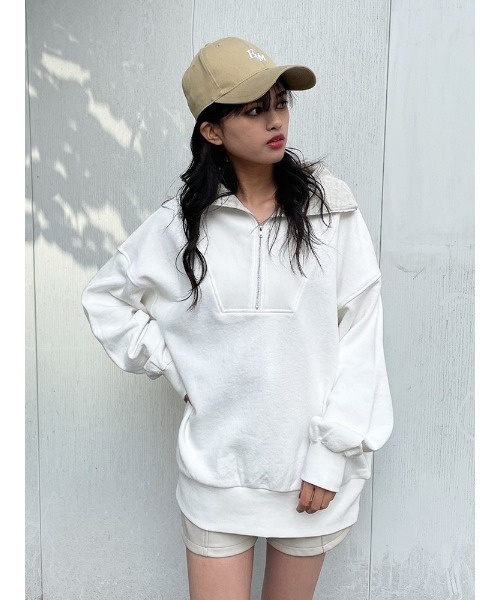 ENVYM（アンビー）の「リブカラーハーフジップＰＯ（スウェット・レディース・ホワイト/ブラック/ベージュ・FREE）」の2枚目の写真