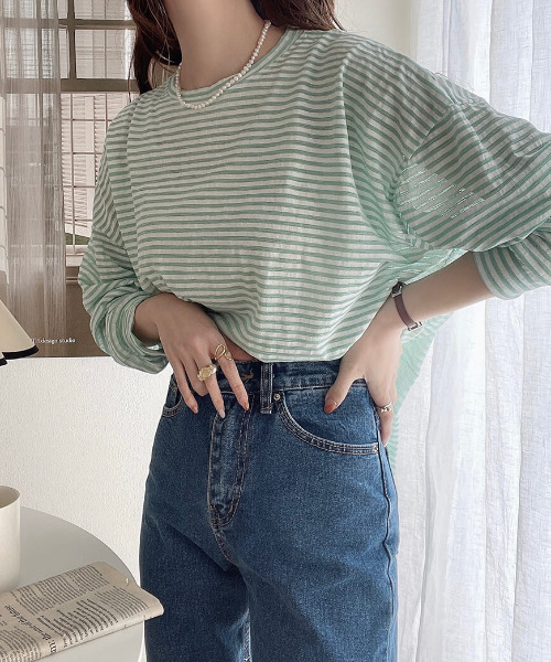 ISOOK(アイスー)の「Sheer border long TEE / シアーボーダーロンT(meg select)(Tシャツ/カットソー・レディース・ブルー/ミント・FREE)」の2枚目の写真