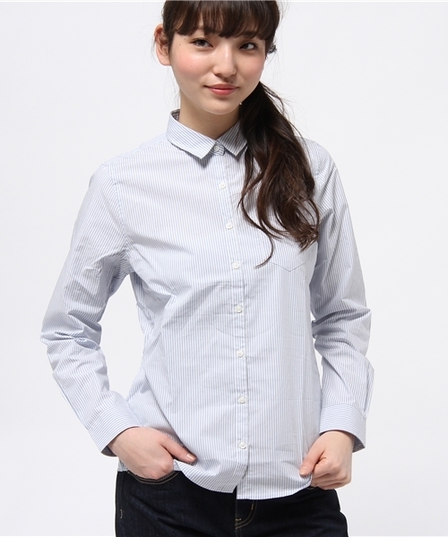 earth music&ecology（アースミュージックアンドエコロジー）の「【シャキシャキシャツ】ストライプ（シャツ/ブラウス・レディース・サックスブルー/ネイビー・MEDIUM/SMALL）」の3枚目の写真