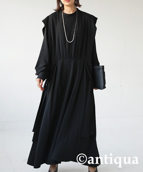 antiqua(アンティカ)の「レイヤード風ワンピ(Tシャツ/カットソー・レディース・ブラック/ベージュ・FREE)」の2枚目の写真
