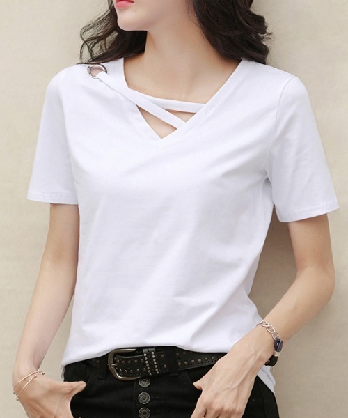 SETUP7(セットアップセブン)の「【SETUP7】アイレットベルトVネックカットソー SCCH164(Tシャツ/カットソー・レディース・ブラック/グレー/ホワイト/イエロー/グリーン/ピンク・FREE)」の2枚目の写真