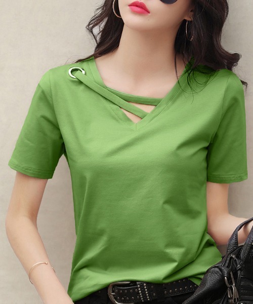 SETUP7(セットアップセブン)の「【SETUP7】アイレットベルトVネックカットソー SCCH164(Tシャツ/カットソー・レディース・ブラック/グレー/ホワイト/イエロー/グリーン/ピンク・FREE)」の5枚目の写真