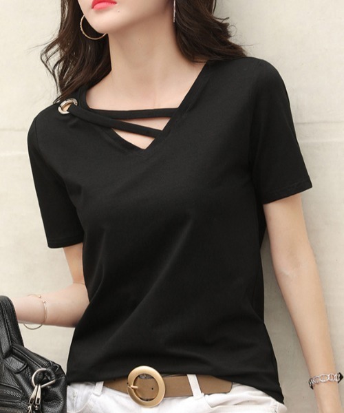 SETUP7(セットアップセブン)の「【SETUP7】アイレットベルトVネックカットソー SCCH164(Tシャツ/カットソー・レディース・ブラック/グレー/ホワイト/イエロー/グリーン/ピンク・FREE)」の3枚目の写真