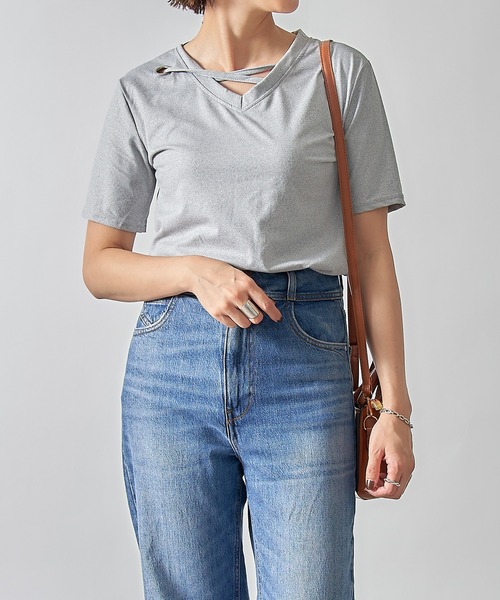 SETUP7(セットアップセブン)の「【SETUP7】アイレットベルトVネックカットソー SCCH164(Tシャツ/カットソー・レディース・ブラック/グレー/ホワイト/イエロー/グリーン/ピンク・FREE)」の13枚目の写真