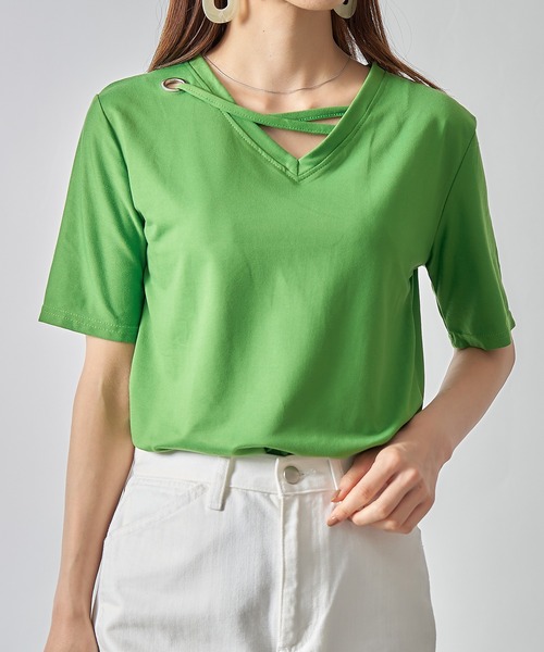 SETUP7(セットアップセブン)の「【SETUP7】アイレットベルトVネックカットソー SCCH164(Tシャツ/カットソー・レディース・ブラック/グレー/ホワイト/イエロー/グリーン/ピンク・FREE)」の22枚目の写真