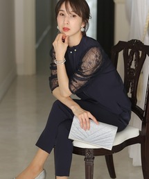 PourVous | セットアップ パーティー パンツドレス 結婚式&タイト 首元 パール 大きいサイズ フォーマル ロング丈 オケージョンドレス お呼ばれ 七五三 ママ お宮参り 学校行事 二次会 成人式 (パンツドレス)