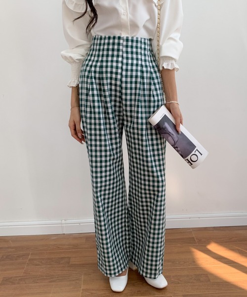 ECLIN（エクラン）の「ハイウエストギンガムチェックセミワイドパンツ（その他パンツ・レディース・ブラック/ブラウン/グリーン・S/M/L）」の18枚目の写真