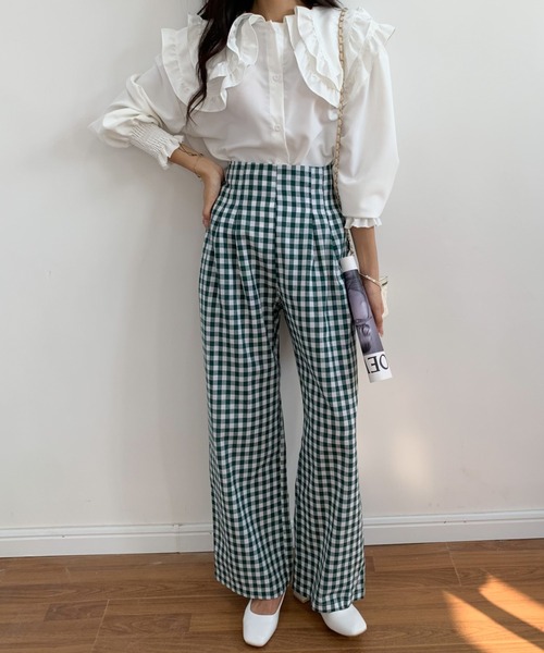 ECLIN（エクラン）の「ハイウエストギンガムチェックセミワイドパンツ（その他パンツ・レディース・ブラック/ブラウン/グリーン・S/M/L）」の22枚目の写真