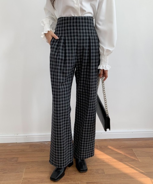 ECLIN（エクラン）の「ハイウエストギンガムチェックセミワイドパンツ（その他パンツ・レディース・ブラック/ブラウン/グリーン・S/M/L）」の13枚目の写真