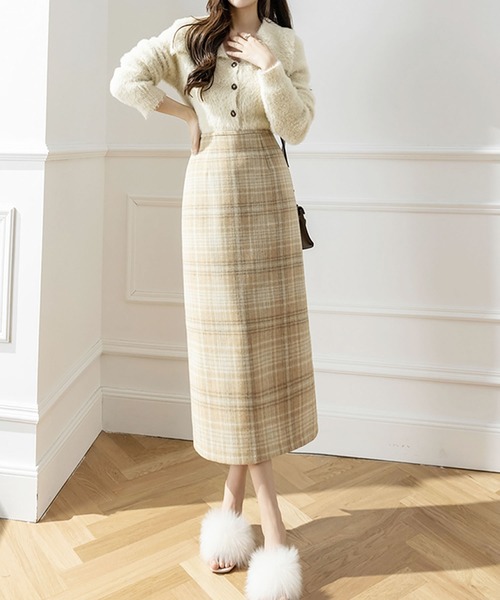 Primazel（プリマゼル）の「ウール調チェックタイトスカート（スカート・レディース・ベージュ/グレー・M）」の5枚目の写真