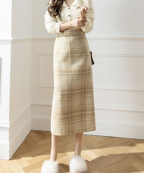 Primazel（プリマゼル）の「ウール調チェックタイトスカート（スカート・レディース・ベージュ/グレー・M）」の4枚目の写真