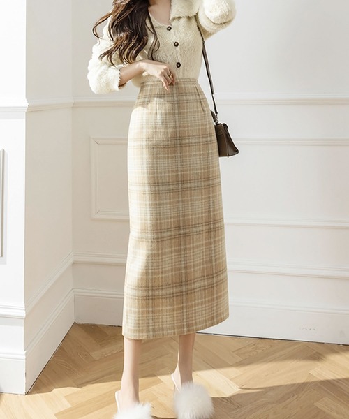 Primazel（プリマゼル）の「ウール調チェックタイトスカート（スカート・レディース・ベージュ/グレー・M）」の7枚目の写真