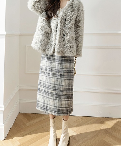 Primazel（プリマゼル）の「ウール調チェックタイトスカート（スカート・レディース・ベージュ/グレー・M）」の11枚目の写真