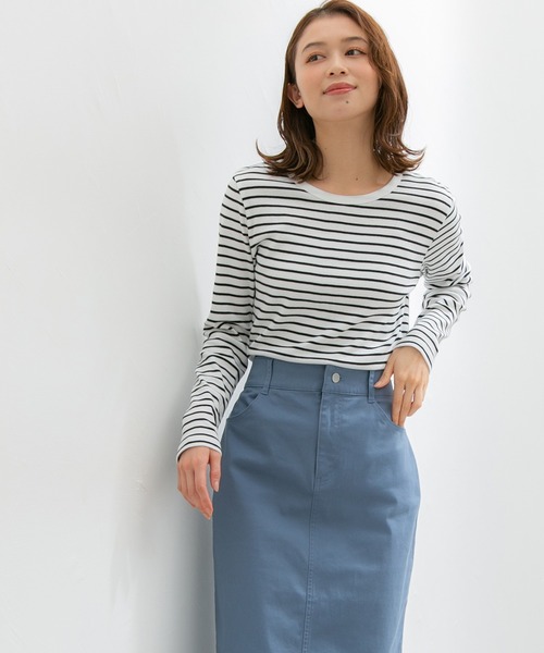 Honeys（ハニーズ）の「オーガニックＵネックＴシャツ（Tシャツ/カットソー・レディース・ブラック/ネイビー/オフホワイト/ベージュ×ブラック/ホワイト×ブラック・LL/L/M）」の15枚目の写真