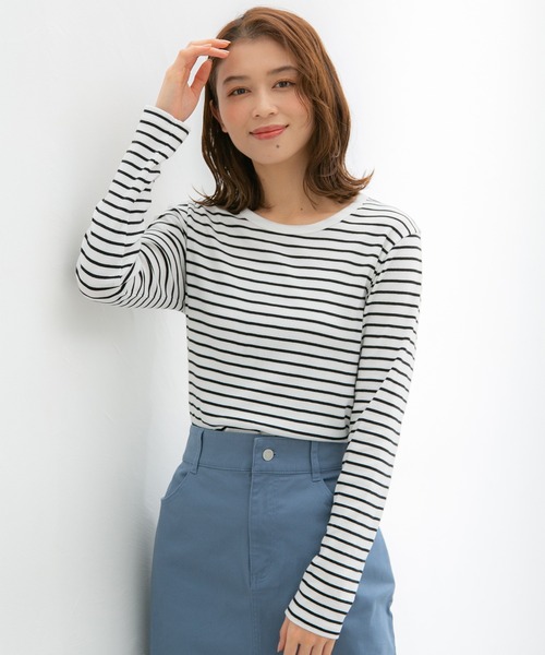 Honeys（ハニーズ）の「オーガニックＵネックＴシャツ（Tシャツ/カットソー・レディース・ブラック/ネイビー/オフホワイト/ベージュ×ブラック/ホワイト×ブラック・LL/L/M）」の7枚目の写真