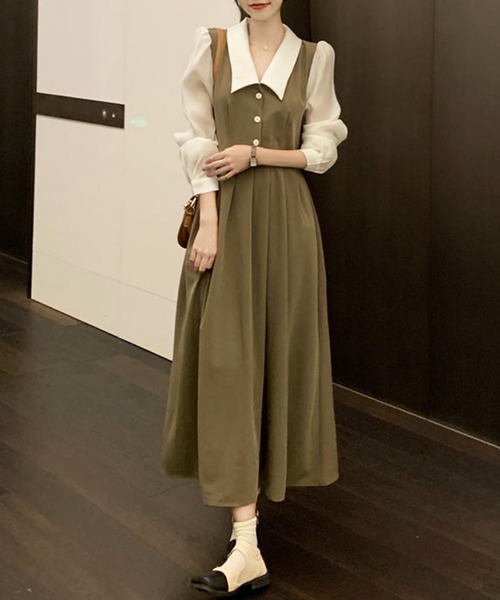 Amulet（アミュレット）の「襟付きドッキングワンピース（ワンピース・レディース・カーキ/ネイビー・M/L/XL）」の2枚目の写真