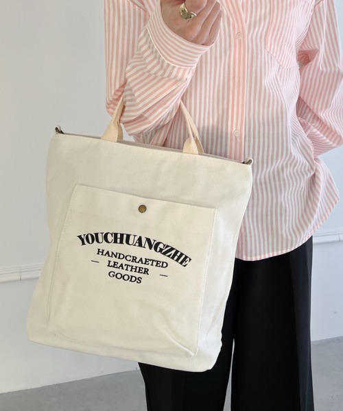 thank U more(サンキューモア)の「アウトポケット付き 万能 ロゴ ボックストートバッグ ショルダーバッグ マザーバッグ【大容量】(ショルダーバッグ・レディース・ブラック/ホワイト/ベージュ・FREE)」の9枚目の写真