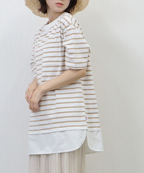 libelle more(リベル モア)の「《接触冷感》USAコットン重ね着風ボーダーTシャツ(Tシャツ/カットソー・レディース・ホワイト×ピンク/ブラック×ホワイト/ベージュ系その他/ホワイト×ネイビー・L/M)」の4枚目の写真