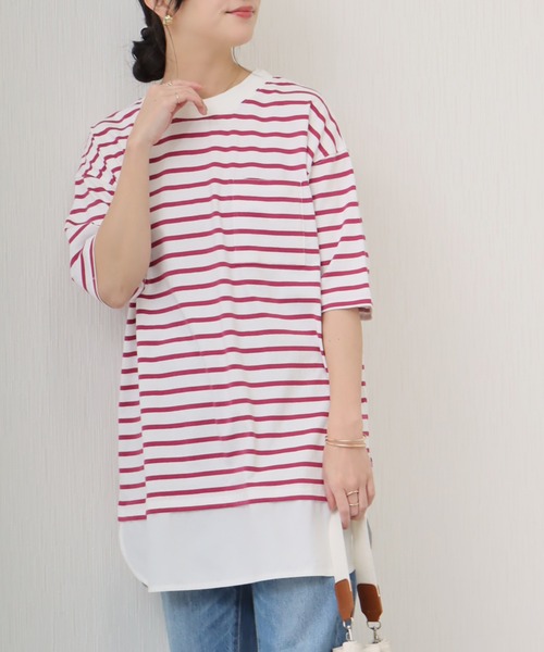 libelle more(リベル モア)の「《接触冷感》USAコットン重ね着風ボーダーTシャツ(Tシャツ/カットソー・レディース・ホワイト×ピンク/ブラック×ホワイト/ベージュ系その他/ホワイト×ネイビー・L/M)」の1枚目の写真