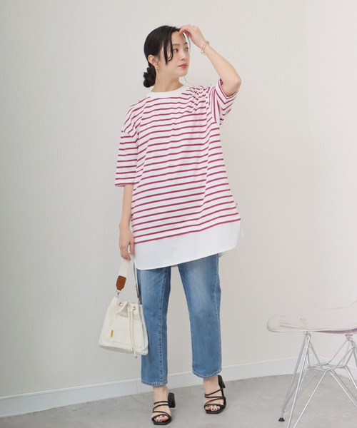 libelle more(リベル モア)の「《接触冷感》USAコットン重ね着風ボーダーTシャツ(Tシャツ/カットソー・レディース・ホワイト×ピンク/ブラック×ホワイト/ベージュ系その他/ホワイト×ネイビー・L/M)」の5枚目の写真