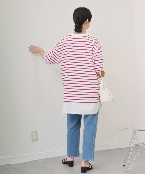 libelle more(リベル モア)の「《接触冷感》USAコットン重ね着風ボーダーTシャツ(Tシャツ/カットソー・レディース・ホワイト×ピンク/ブラック×ホワイト/ベージュ系その他/ホワイト×ネイビー・L/M)」の7枚目の写真