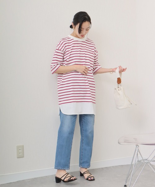 libelle more(リベル モア)の「《接触冷感》USAコットン重ね着風ボーダーTシャツ(Tシャツ/カットソー・レディース・ホワイト×ピンク/ブラック×ホワイト/ベージュ系その他/ホワイト×ネイビー・L/M)」の6枚目の写真