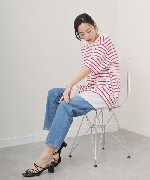 libelle more(リベル モア)の「《接触冷感》USAコットン重ね着風ボーダーTシャツ(Tシャツ/カットソー・レディース・ホワイト×ピンク/ブラック×ホワイト/ベージュ系その他/ホワイト×ネイビー・L/M)」の8枚目の写真
